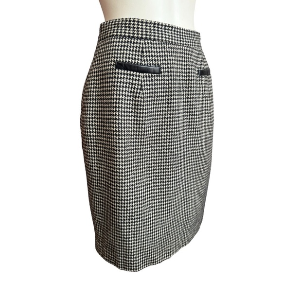 Vintage NEW FRONTIER houndstooth pencil mini skirt wool w/leather trim women’s 4 - Picture 3 of 12